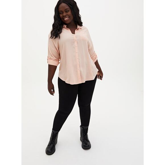Torrid Shirt Plus 3X Linen Drop Shoulder Button Front Roll Tab Sleeve Pale Blush - Picture 2 of 10